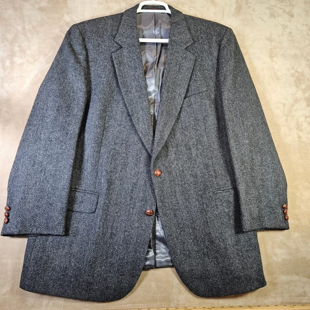 English Manor Mens 48L Herringbone Tweed 100% Wool Sport Coat Blazer Gray Black